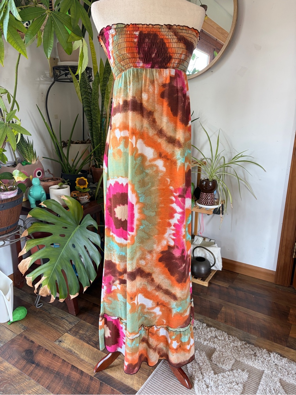 Vintage Rampage Y2K Strapless Smocked Tie Dye‎ Maxi Dress Large Boho Festival